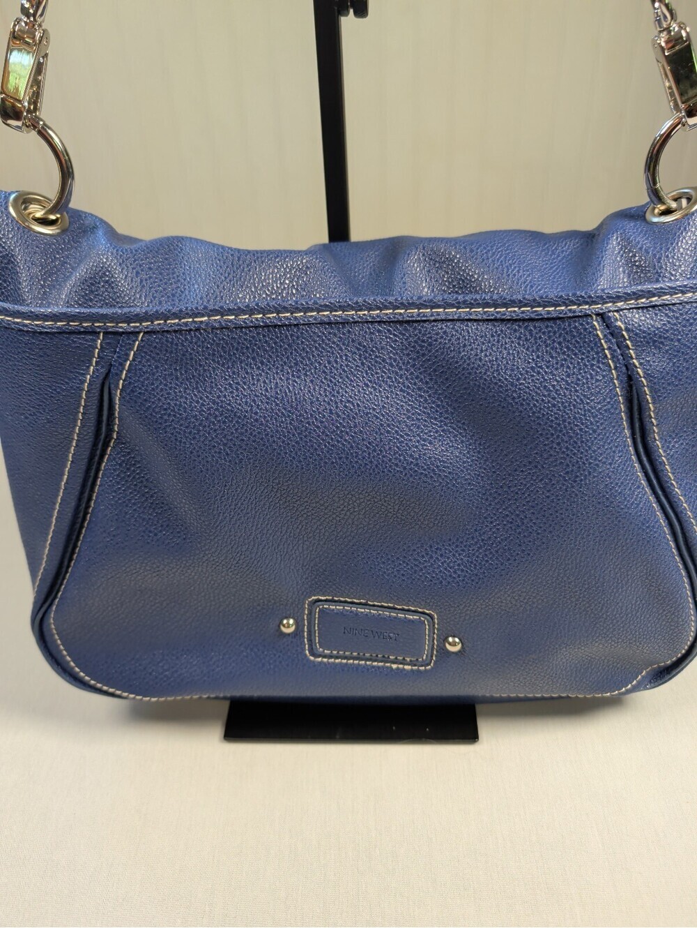 Nine West Blue Faux Leather Shoulder Bag with Striped Interior Metal Accent